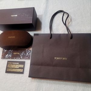 Tom Ford brown velvet eyeglasses case, box, cleaning cloth, paper bag, card